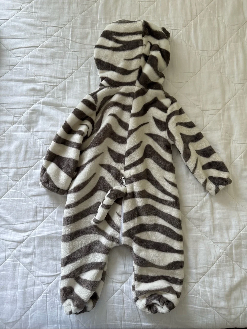 Kids Zebra Striped One-Piece Hooded Fleece Romper - White and Brown